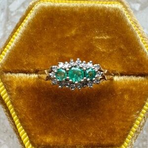 Emerald Diamond Halo 9k Yellow Gold Vintage Ring